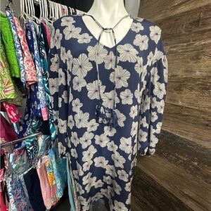 Trina Turk Blue and White Floral V-Neck Sundress with Bishop Sleeves